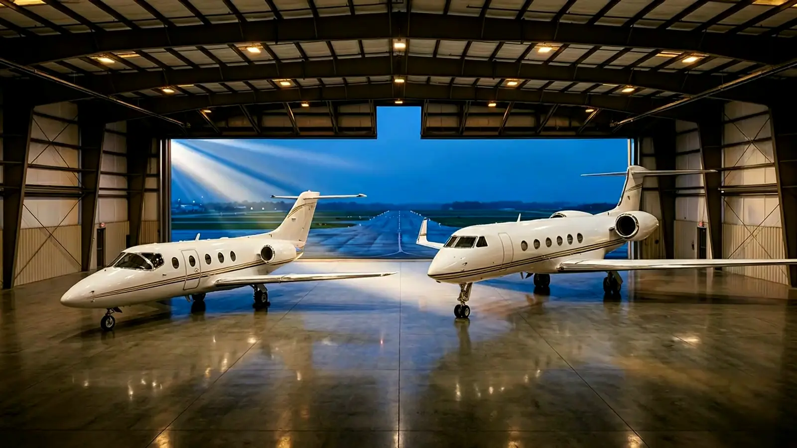 Sky Travel Hawker 400XP jet on the ramp at golden hour